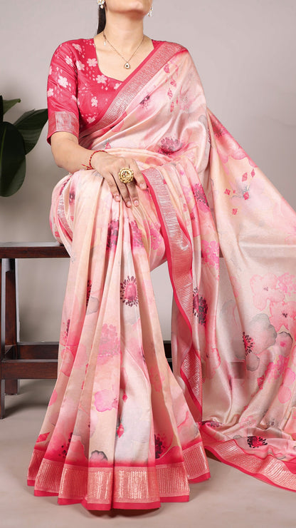 Model wearing a floral printed Tussar silk saree in shades of blue and white.