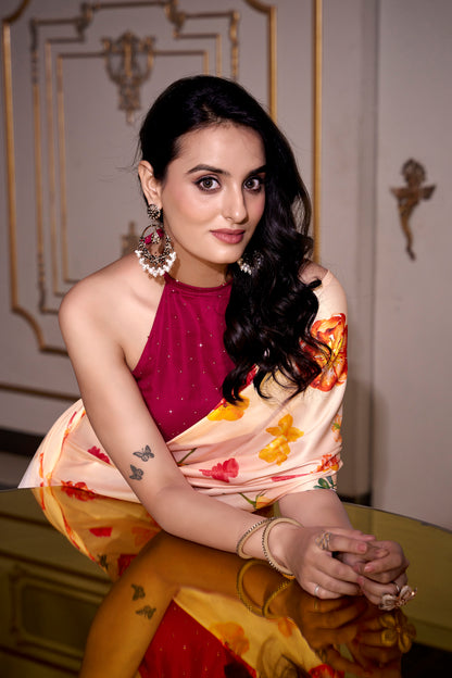 Elegant Floral Satin Saree | Traditional Indian Dress