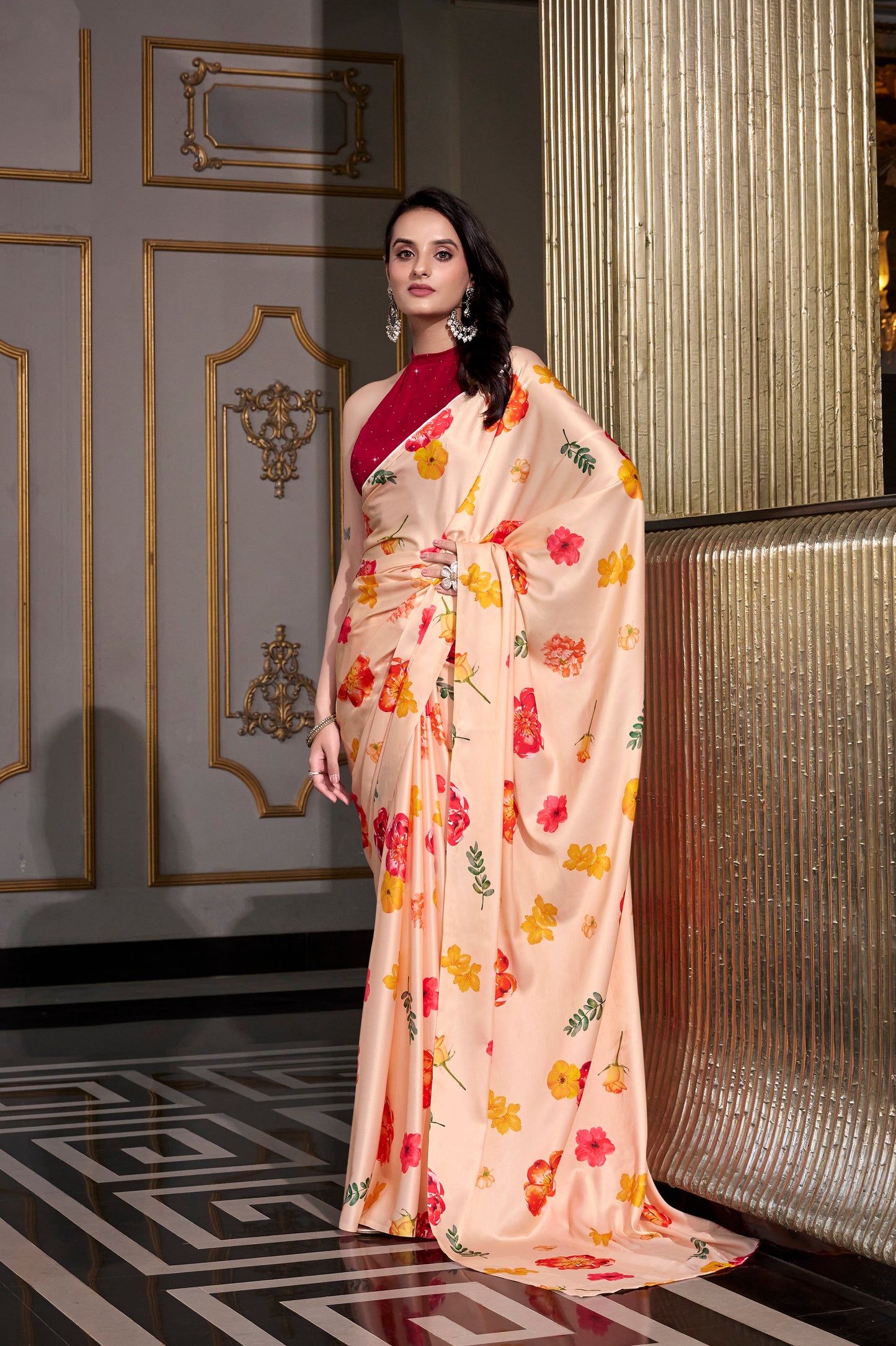 Elegant Floral Satin Saree | Traditional Indian Dress