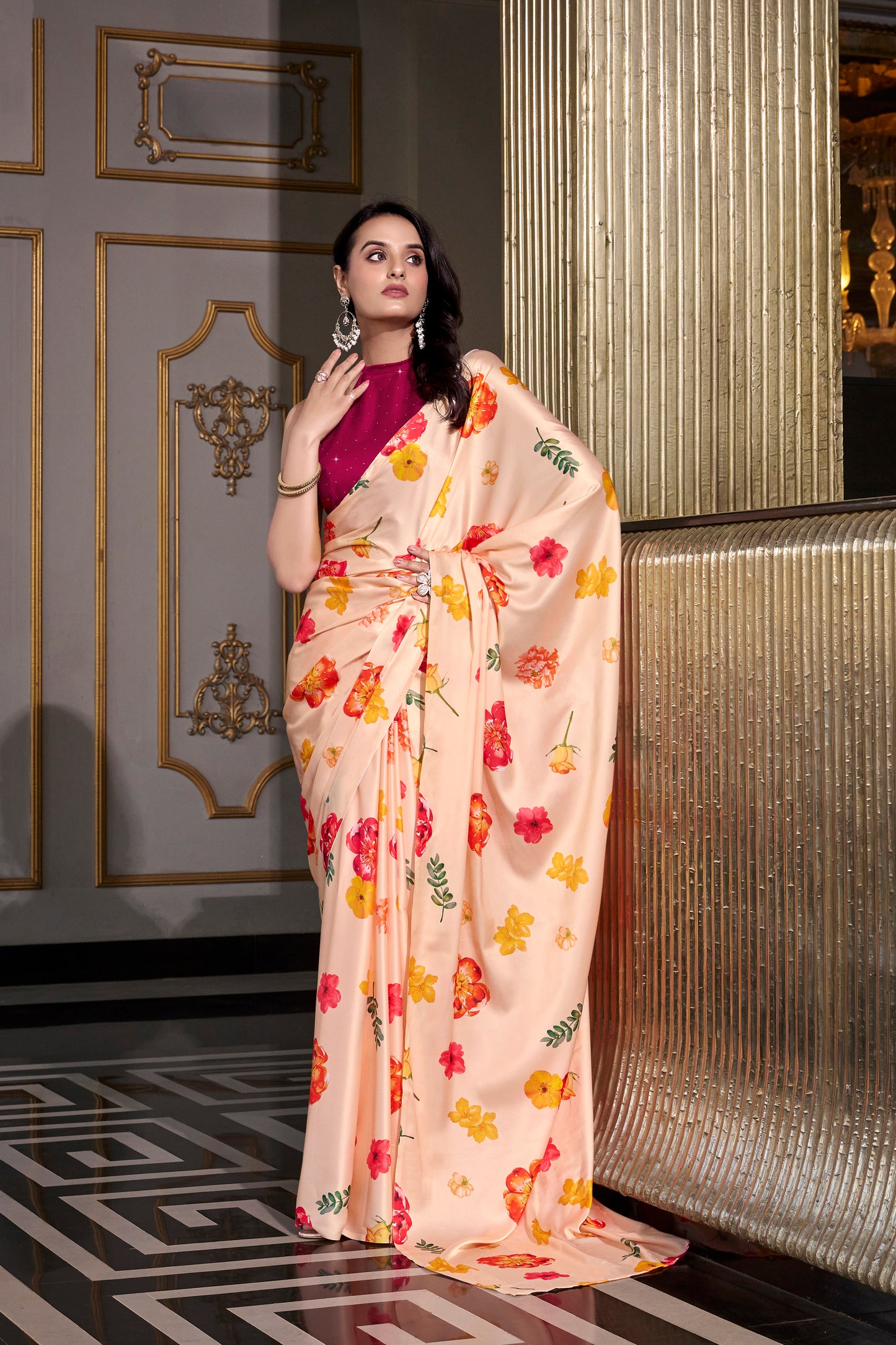 Elegant Floral Satin Saree | Traditional Indian Dress