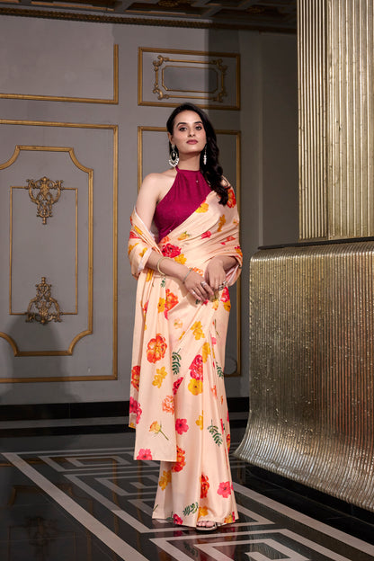 Elegant Floral Satin Saree | Traditional Indian Dress