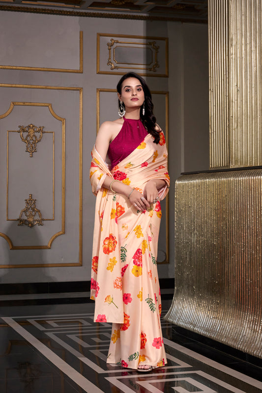 Elegant Floral Satin Saree | Traditional Indian Dress