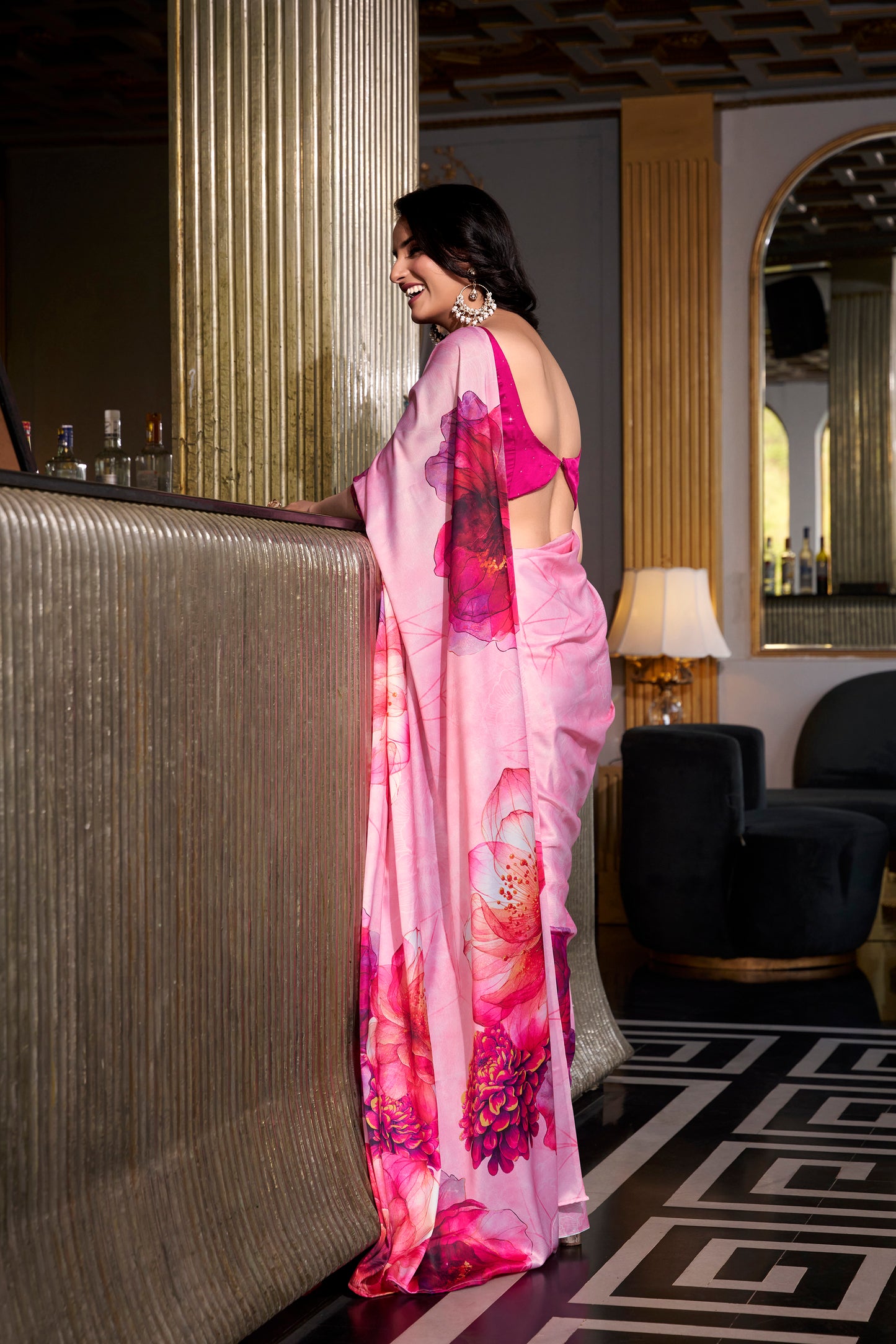 Elegant Floral Satin Saree | Traditional Indian Dress