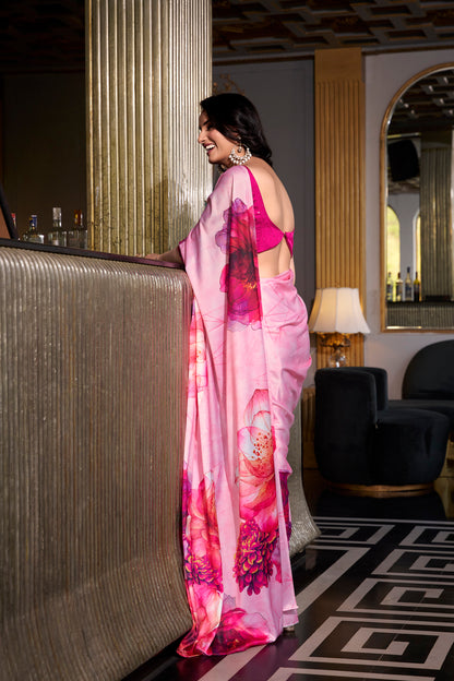 Elegant Floral Satin Saree | Traditional Indian Dress