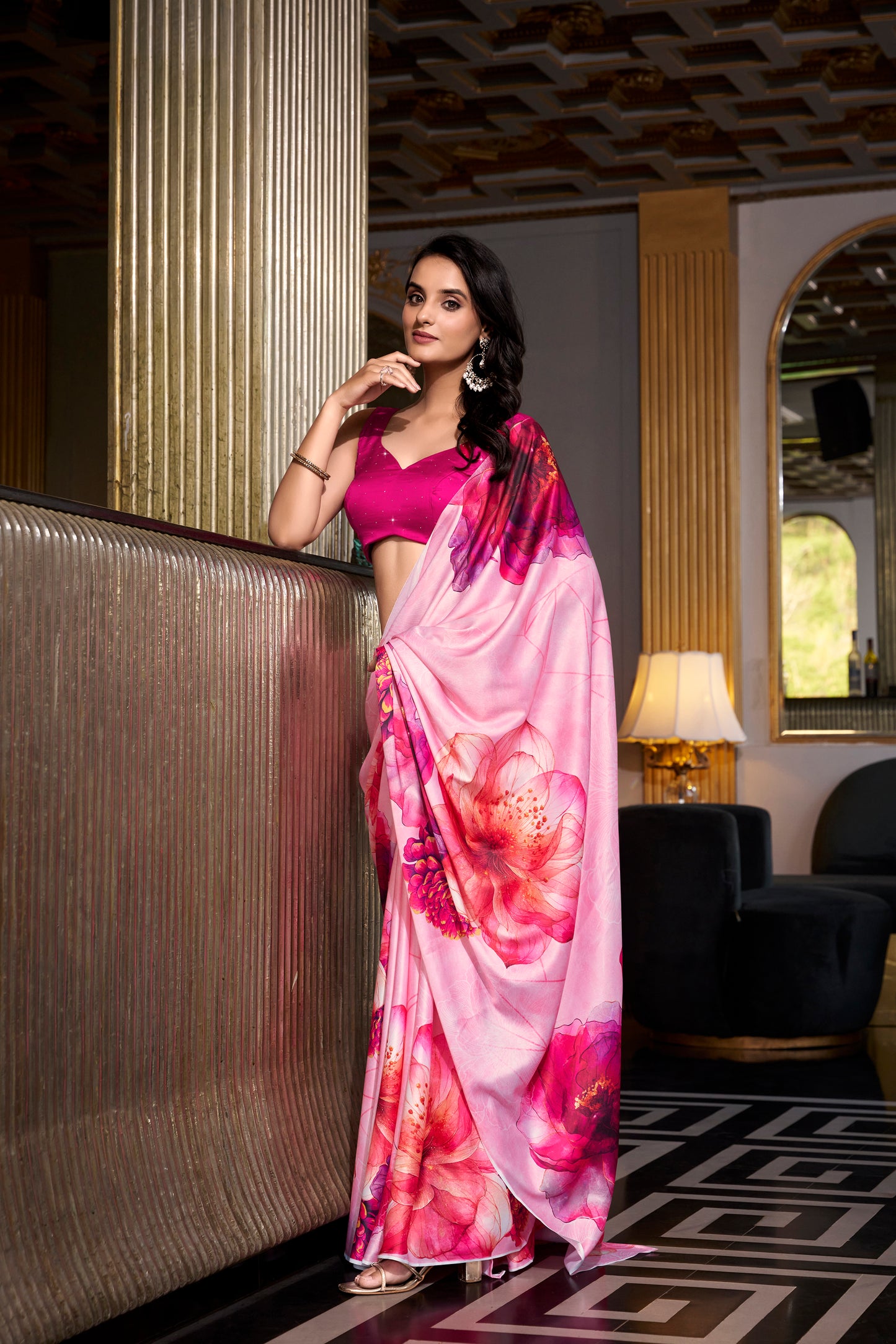 Elegant Floral Satin Saree | Traditional Indian Dress