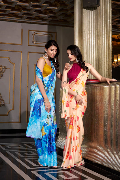 Elegant Floral Satin Saree | Traditional Indian Dress