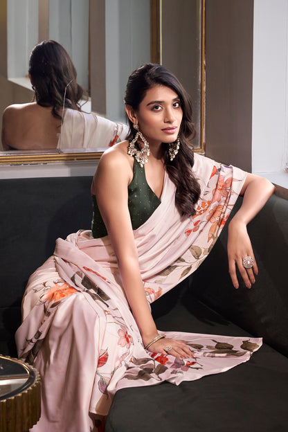 Elegant Floral Satin Saree | Traditional Indian Dress