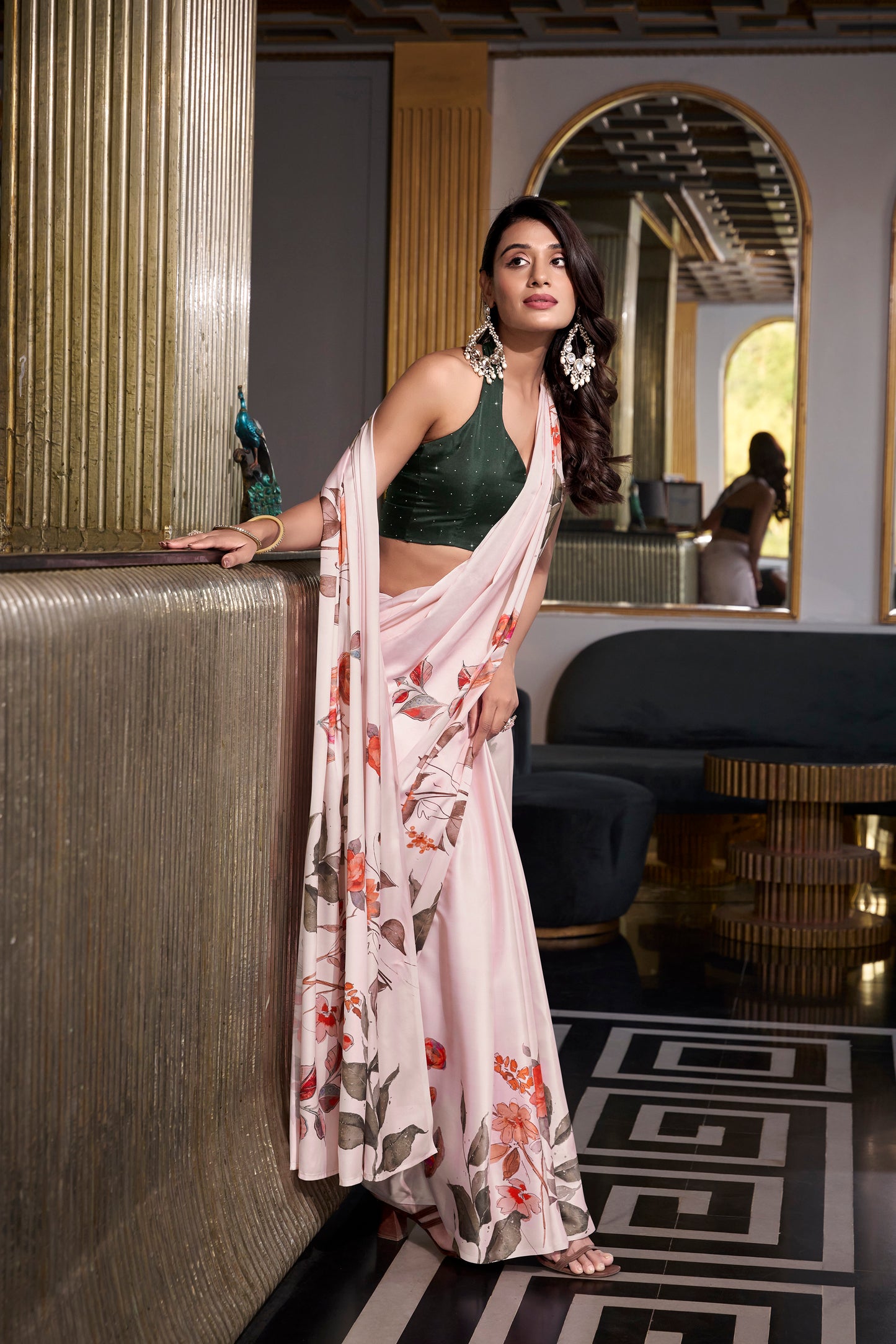 Elegant Floral Satin Saree | Traditional Indian Dress