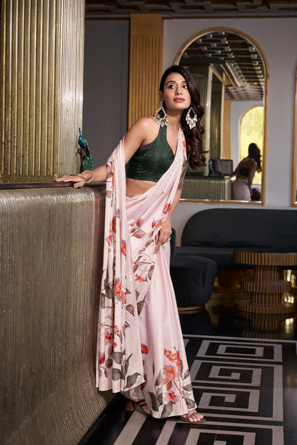 Elegant Floral Satin Saree | Traditional Indian Dress