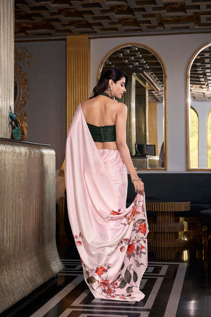Elegant Floral Satin Saree | Traditional Indian Dress