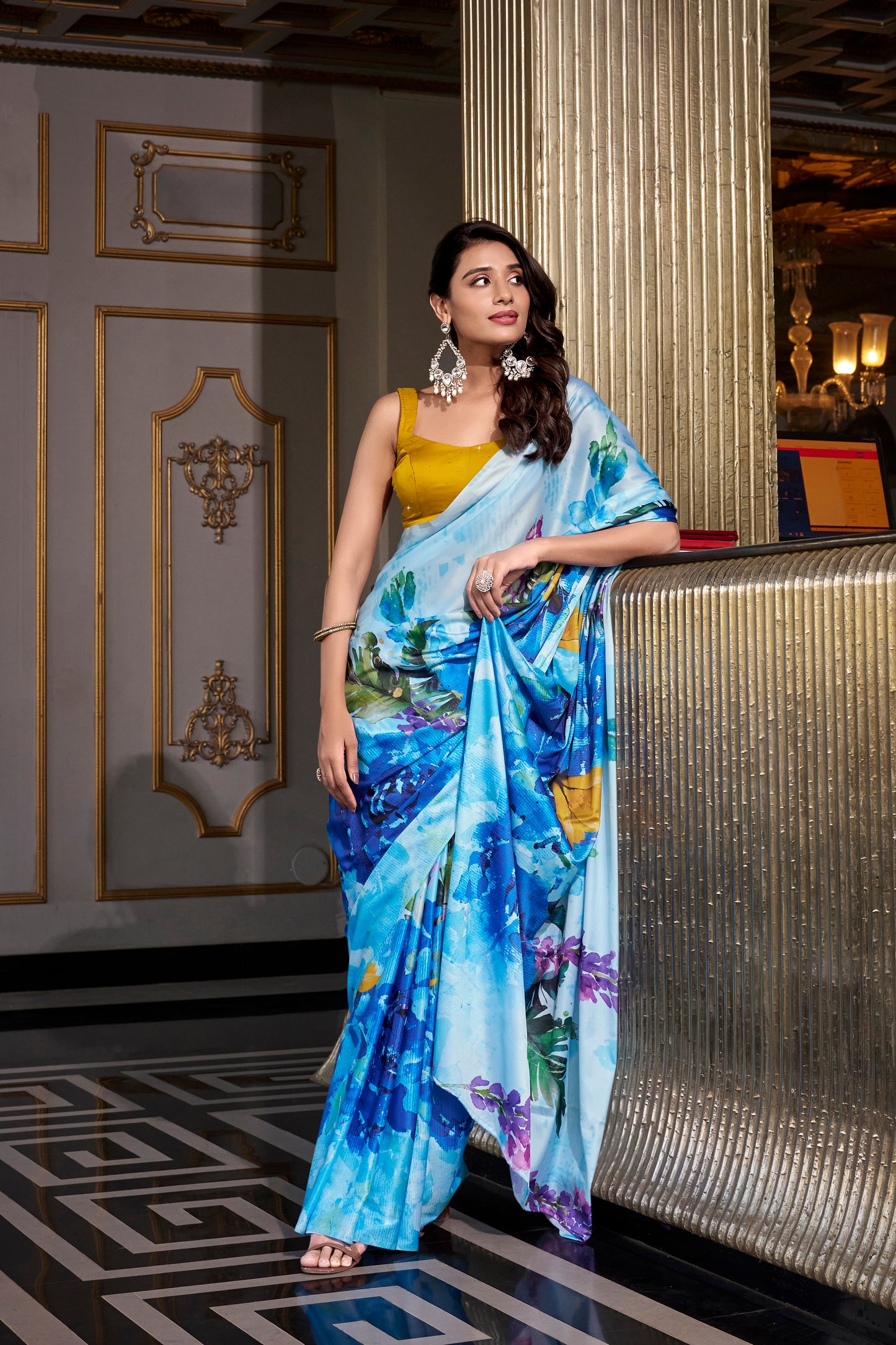 Elegant Floral Satin Saree | Traditional Indian Dress