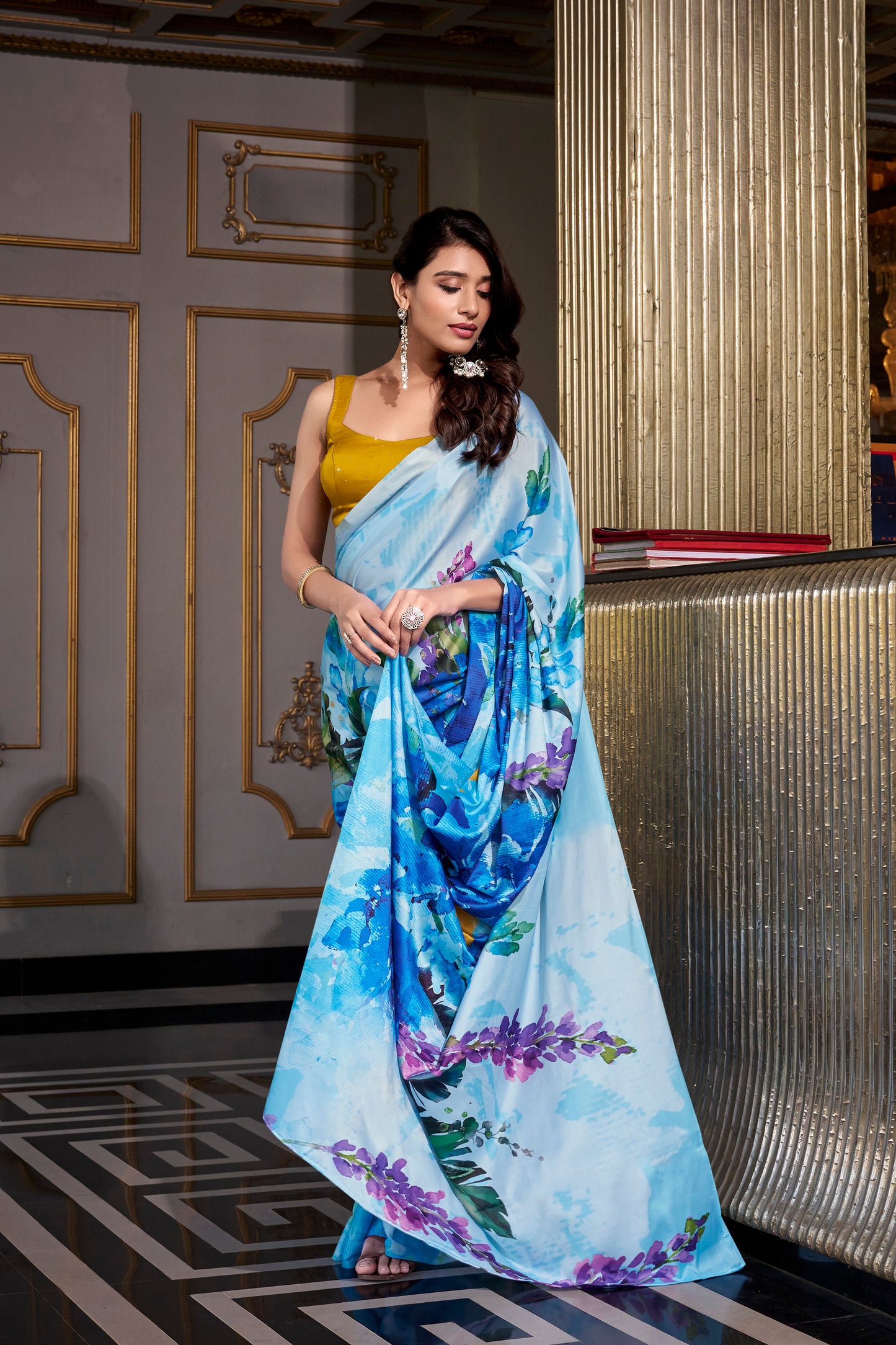 Elegant Floral Satin Saree | Traditional Indian Dress