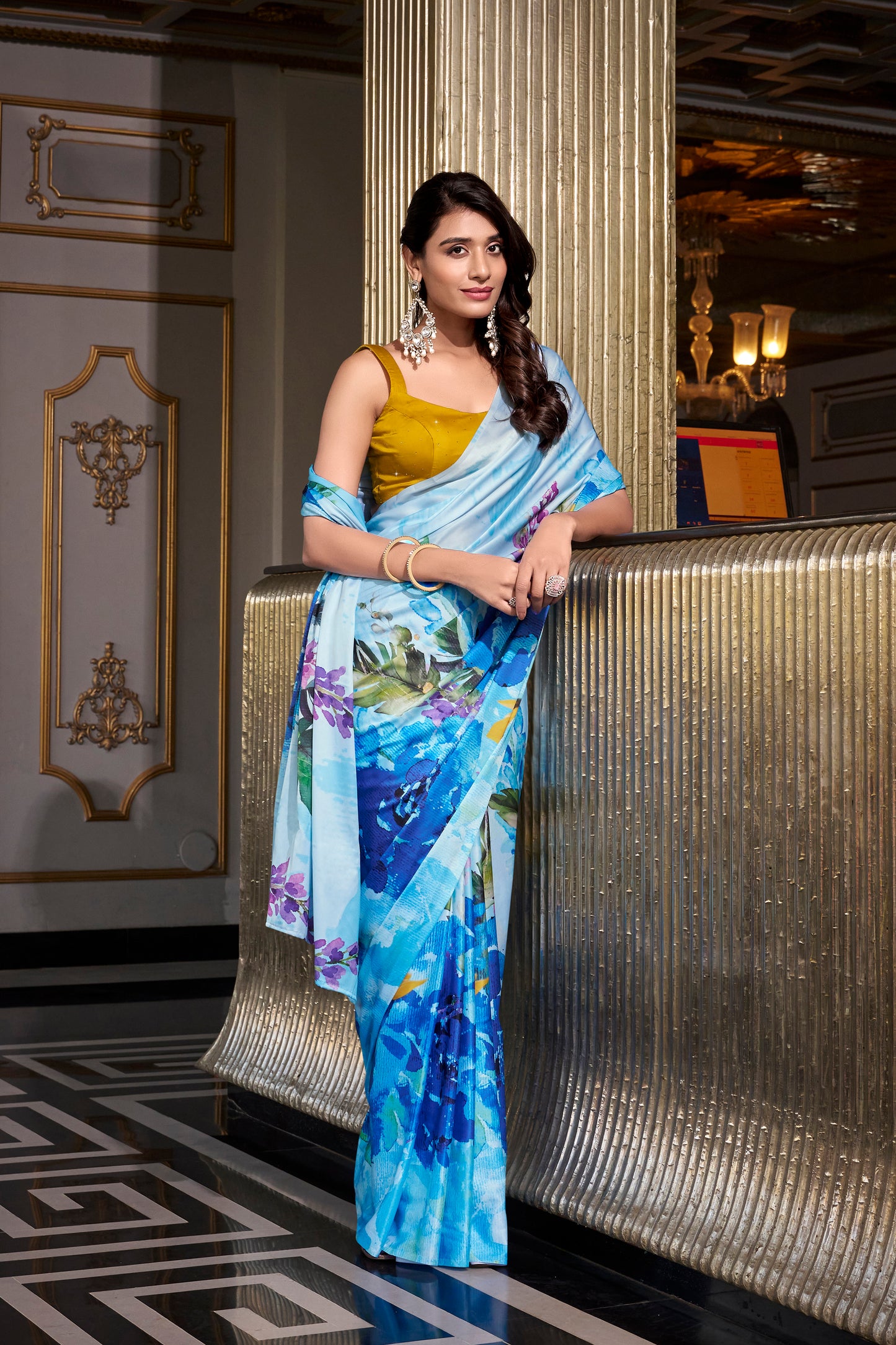 Elegant Floral Satin Saree | Traditional Indian Dress