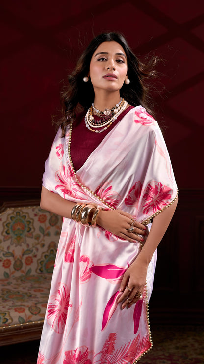 Elegant Satin Saree Collection - Floral Prints & Smooth Texture
