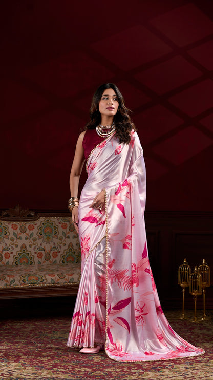 Elegant Satin Saree Collection - Floral Prints & Smooth Texture