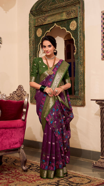 Full view of model in plum saree with green blouse and gold jewelry.