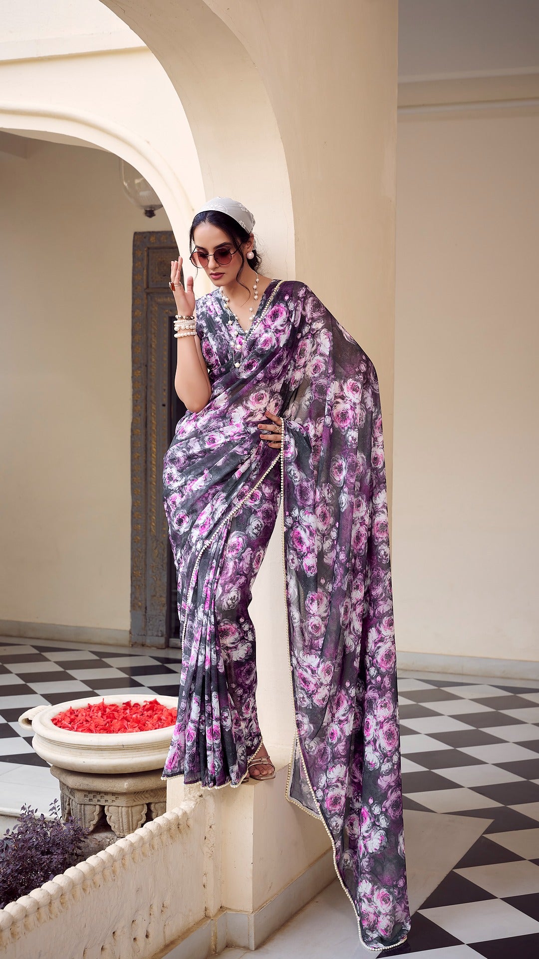 Elegant floral print saree