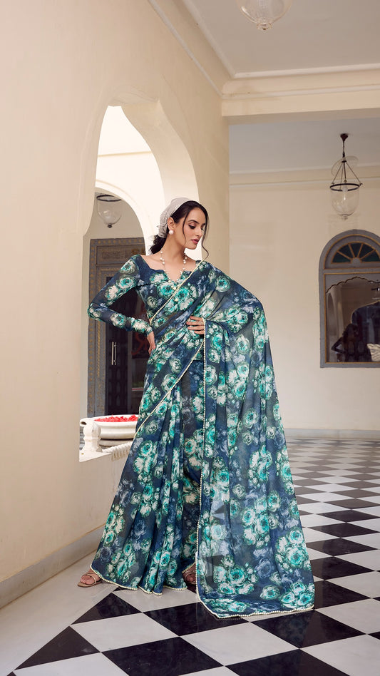 Elegant floral print saree