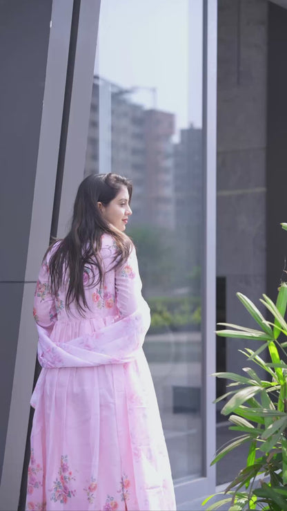 Baby Pink Tebby Silk Heavy Gown with Digital Print and Dupatta