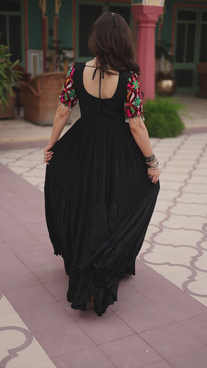 Boho Radiance Black Kutchi Work Navratri Gown – Party Flair