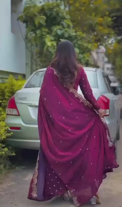 Elegant Anarkali Ensemble - Wine, Peach, and Teal