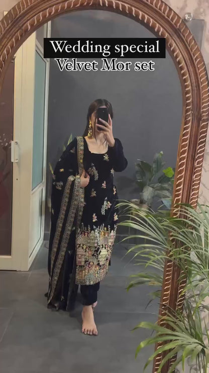 Elegant Embroidered Velvet Party Wear Dress