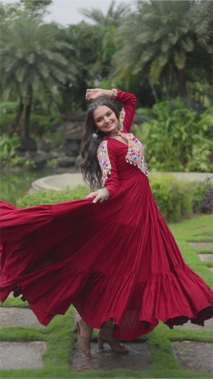 Maroon Gamthi Gown – Kutchi Embroidered Navratri Partywear