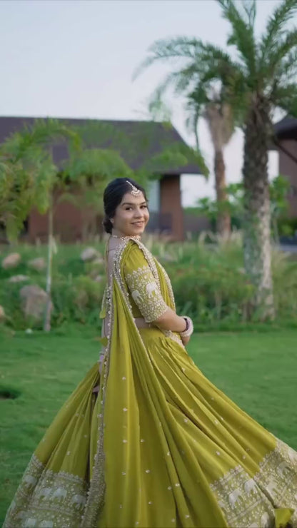 Lime Lehenga Choli: Embroidered Georgette, Festive Wear