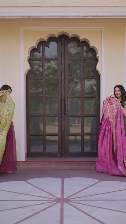 Trending Gold Gown: Crush Fabric, Embroidered Dupatta