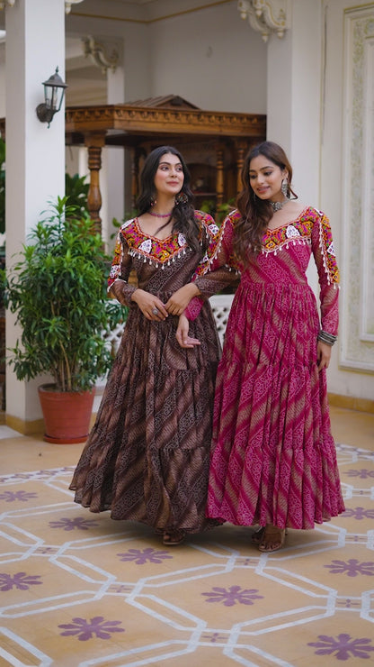 Navratri Gamathi Work Gown – Celebrate in Bandhni Elegance