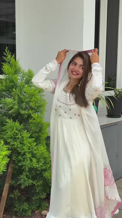 Embroidered Glam Party Wear Gown with Pink Floral Dupatta – Rangbhoomi Exclusive