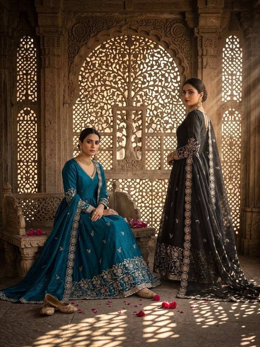 RangBhoomi Fendy Satin Silk Gown Set with Micro Silk Pants & Embroidered Dupatta