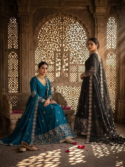 RangBhoomi Fendy Satin Silk Gown Set with Micro Silk Pants & Embroidered Dupatta