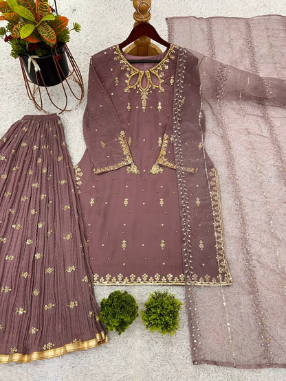 Elegant Combo Outfit Set for Adults and Kids with Embroidered Faux Georgette and Tissue Net Dupatta