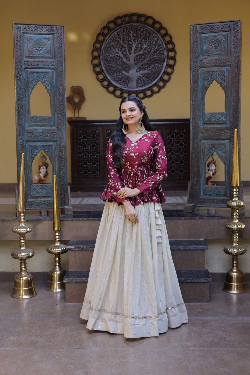 RangBhoomi Elegant Silk Embroidered Crop Top Set with Flared Lehenga and Sequined Detailing