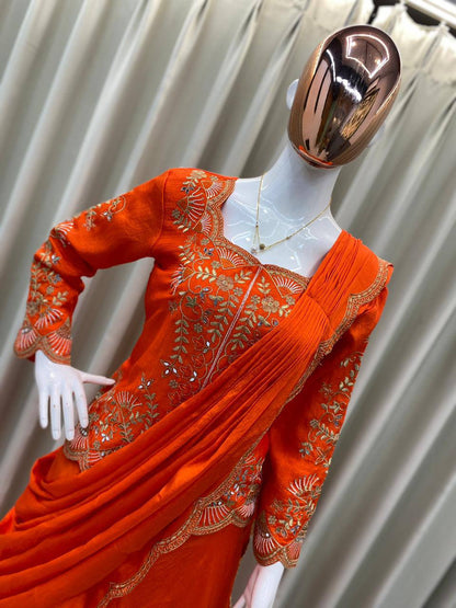 RangBhoomi Designer Lehenga Saree with Real Mirror & Embroidery Work - Long Blouse, Chinon Fabric