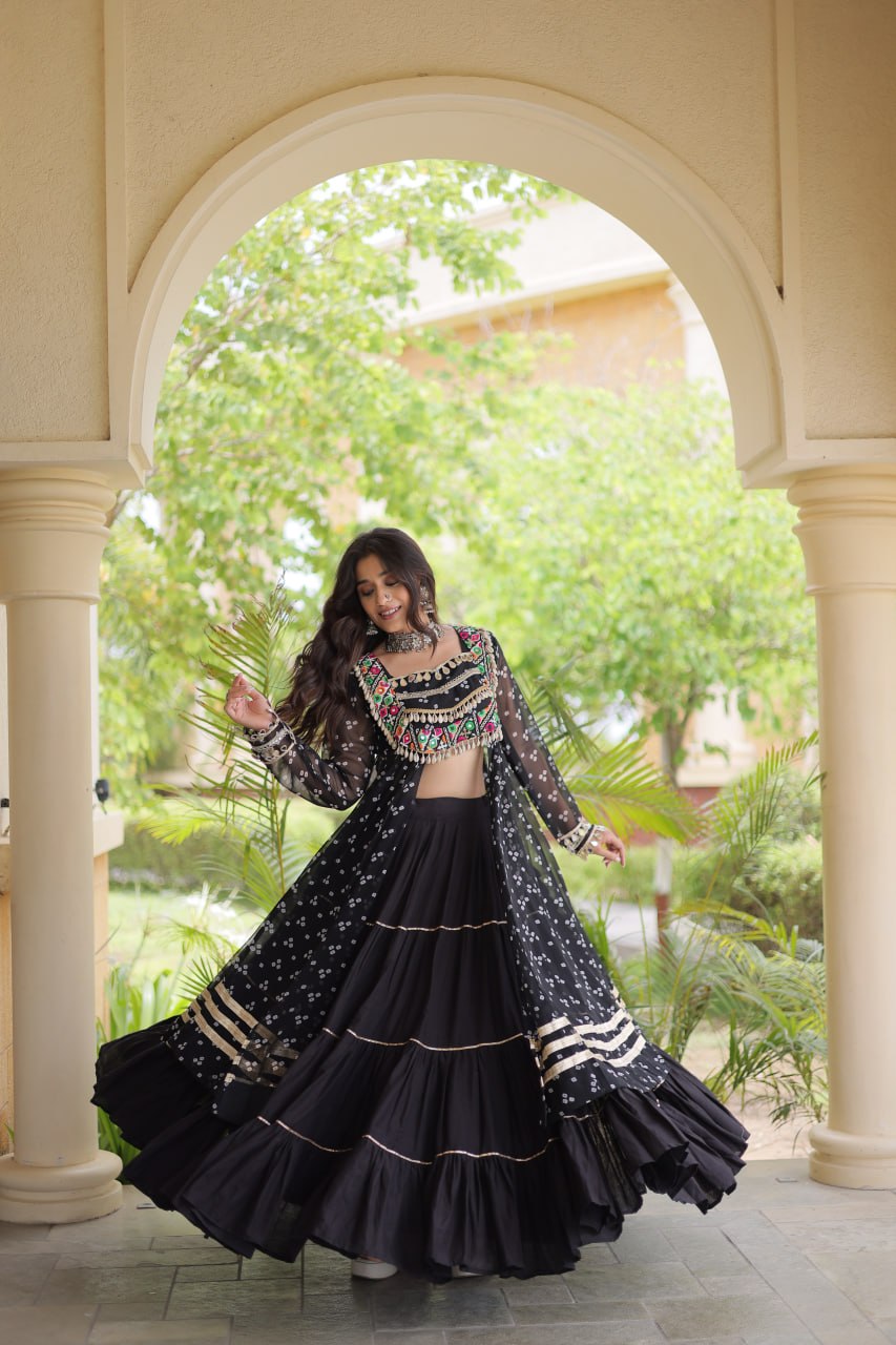 RangBhoomi Navratri 2026 Lehenga & Kurti Set – Kora Cotton Lehenga with Bandhni Faux Georgette Kurti (L, 40" Stitched)