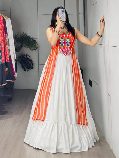 RangBhoomi Kesariya Leheriya Kurti with White Flared Lehenga Set - Festive Mirror & Gota Work