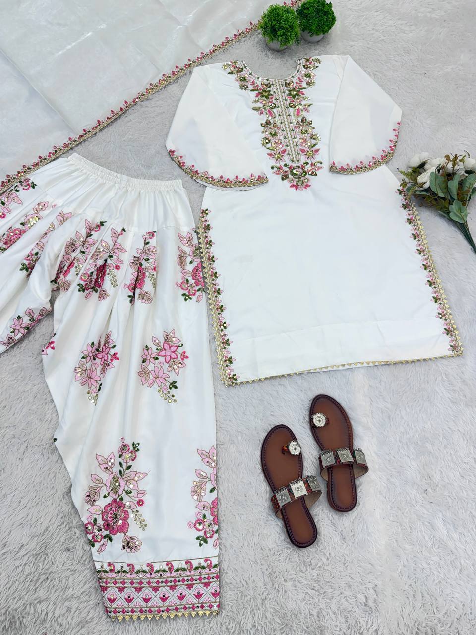 RangBhoomi Women's Premium Ethnic French Crepe Ensemble with Embroidered Thread Work, Full Sleeve Top, Farshi Pant, and GMY Silk Dupatta