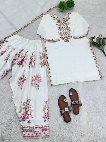 RangBhoomi Women's Premium Ethnic French Crepe Ensemble with Embroidered Thread Work, Full Sleeve Top, Farshi Pant, and GMY Silk Dupatta