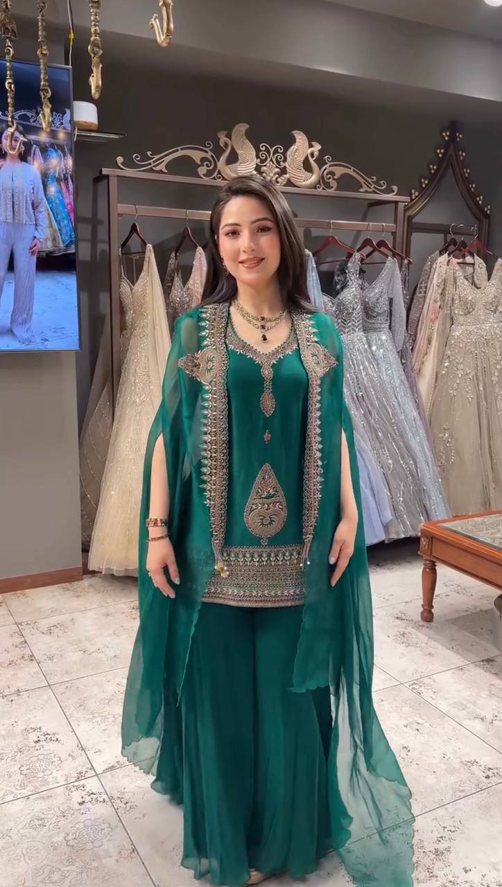 Wedding Season Exclusive: Elegant Designer Top with Corded Sequin Embroidery Paired with Palazzo Pants and Shrug Set by RangBhoomi