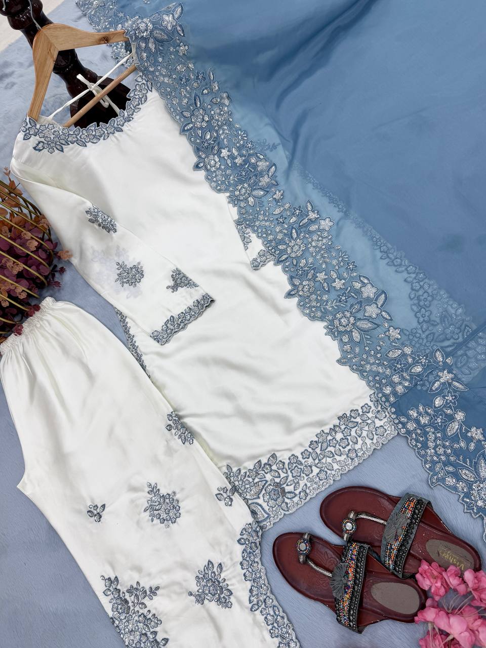 New Designer Party Wear Pure Roman Glass Embroidered Top with Fancy Palazzo and Dupatta Set