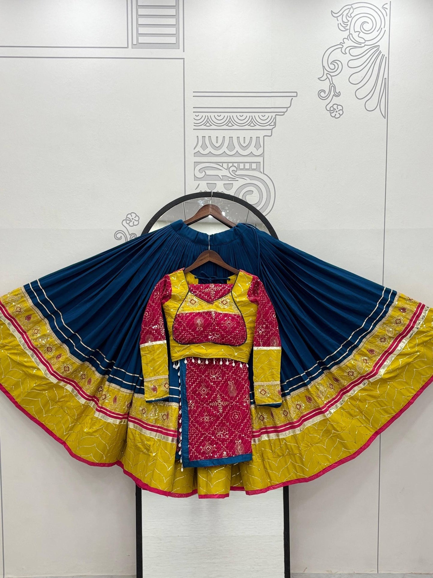 RangBhoomi Navratri Special Pure Cotton Embroidered Lehenga Choli with 6m Flair and Heavy Dupatta
