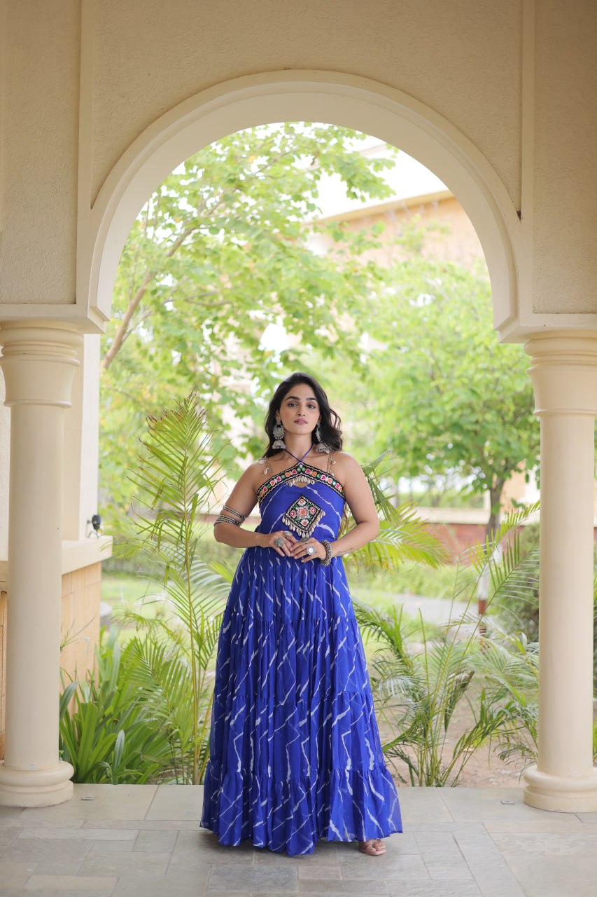 RangBhoomi Navratri Laheriya Patchwork Faux Georgette Gown - Sleeveless 56" Length, L (Adjustable 38-44)