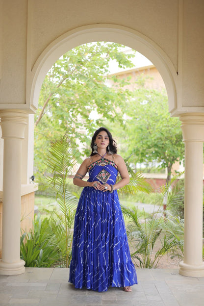 RangBhoomi Navratri Laheriya Patchwork Faux Georgette Gown - Sleeveless 56" Length, L (Adjustable 38-44)
