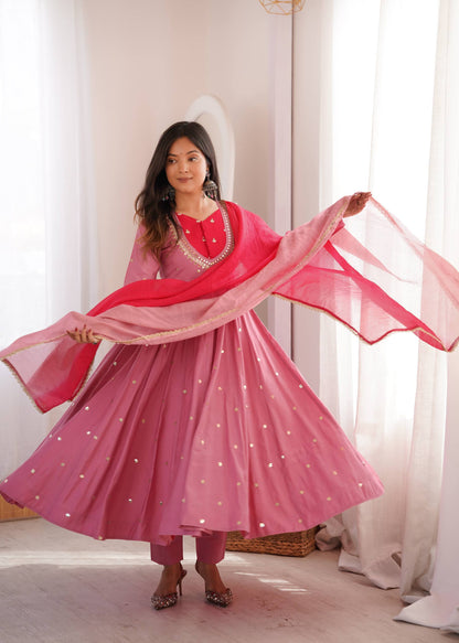 RangBhoomi Roman Silk Anarkali Set with Mirror Embroidery & Kota Chexs Dupatta - Ready-to-Wear