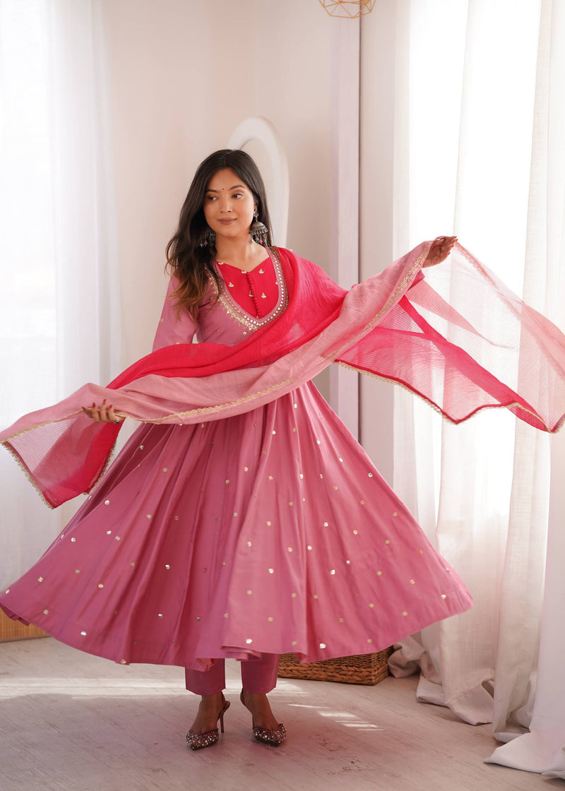 RangBhoomi Roman Silk Anarkali Set with Mirror Embroidery & Kota Chexs Dupatta - Ready-to-Wear