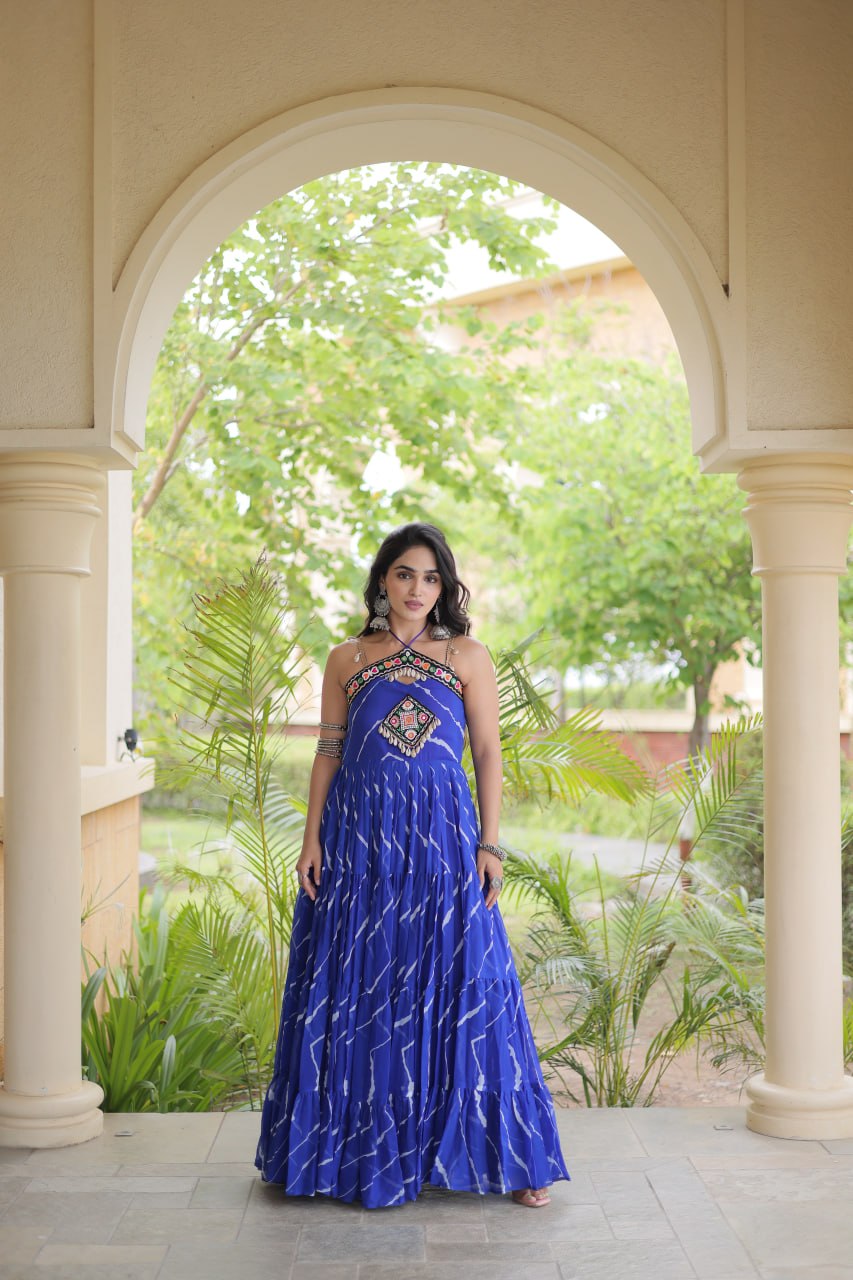 RangBhoomi Navratri Laheriya Patchwork Faux Georgette Gown - Sleeveless 56" Length, L (Adjustable 38-44)