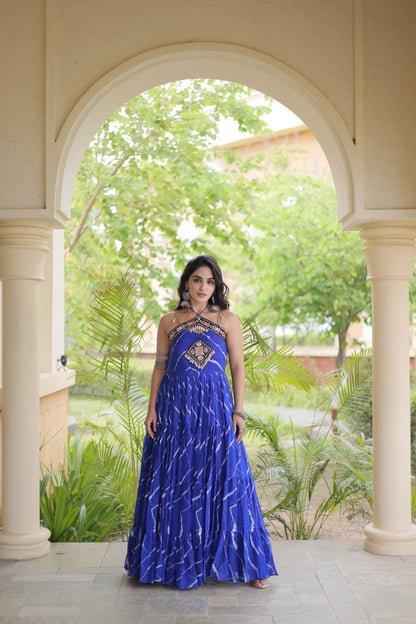 RangBhoomi Navratri Laheriya Patchwork Faux Georgette Gown - Sleeveless 56" Length, L (Adjustable 38-44)