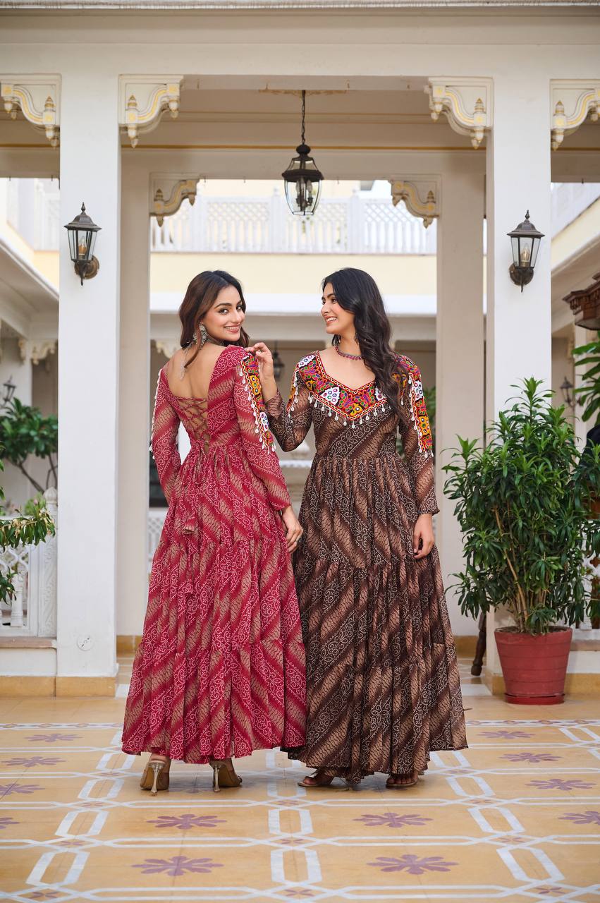 Navratri Gamathi Work Gown – Celebrate in Bandhni Elegance
